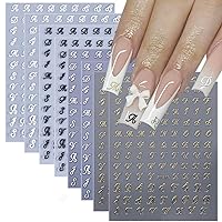 8 Sheets Retro English Letters Nail Stickers for Nail Art 3D Self-Adhesive Black White Gold Silver Design Nail Decals Pegatinas Uñas Personalized Letter Nail Art Stickers for Women DIY Manicure Tip