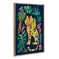 Kate and Laurel Sylvie Beaded Tiger in the Forest Vintage Framed Canvas Wall Art by Rachel Lee, 23x33 Gold, Mid-Century Colorful Animal Art for Wall