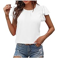 Summer Tops for Women Cute Short Ruffle Sleeve Crewneck Tshirts Tees Dressy Casual Work Blouses Trendy Solid Shirts