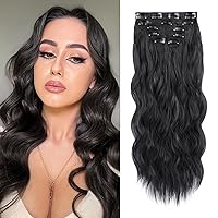 WECAN Clip In Natural Black Hair Extensions 20 Inch 6pcs Thick Curly Clip In Hair Extensions Synthetic Double Weft Wavy Hairpieces Full Head For Women