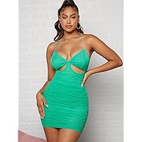 Summer Dresses for Women 2022 Cut Out Open Back Lace Up Ruched Cami Bodycon Dress Dresses for Women (Color : Mint Green, Size : Medium)