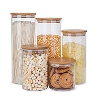 Glass Food Storage Containers Set,Airtight Food Jars with Bamboo Wooden Lids - Set of 5 Kitchen Canisters For Sugar,Candy, Cookie, Rice and Spice Jars