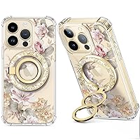 GVIEWIN Bundle - Compatible with Glitter iPhone 14 Pro Case (Ranunculus/Pink) + Magnetic Phone Ring Holder (Glitter/Gold)