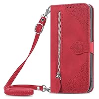 XYX Wallet Case for Google Pixel 8a, Crossbody Chain Zipper Purse Wrist Diagonal Flower Leather Case Kickstand with 6 Card Slot for Pixel 8a, Red