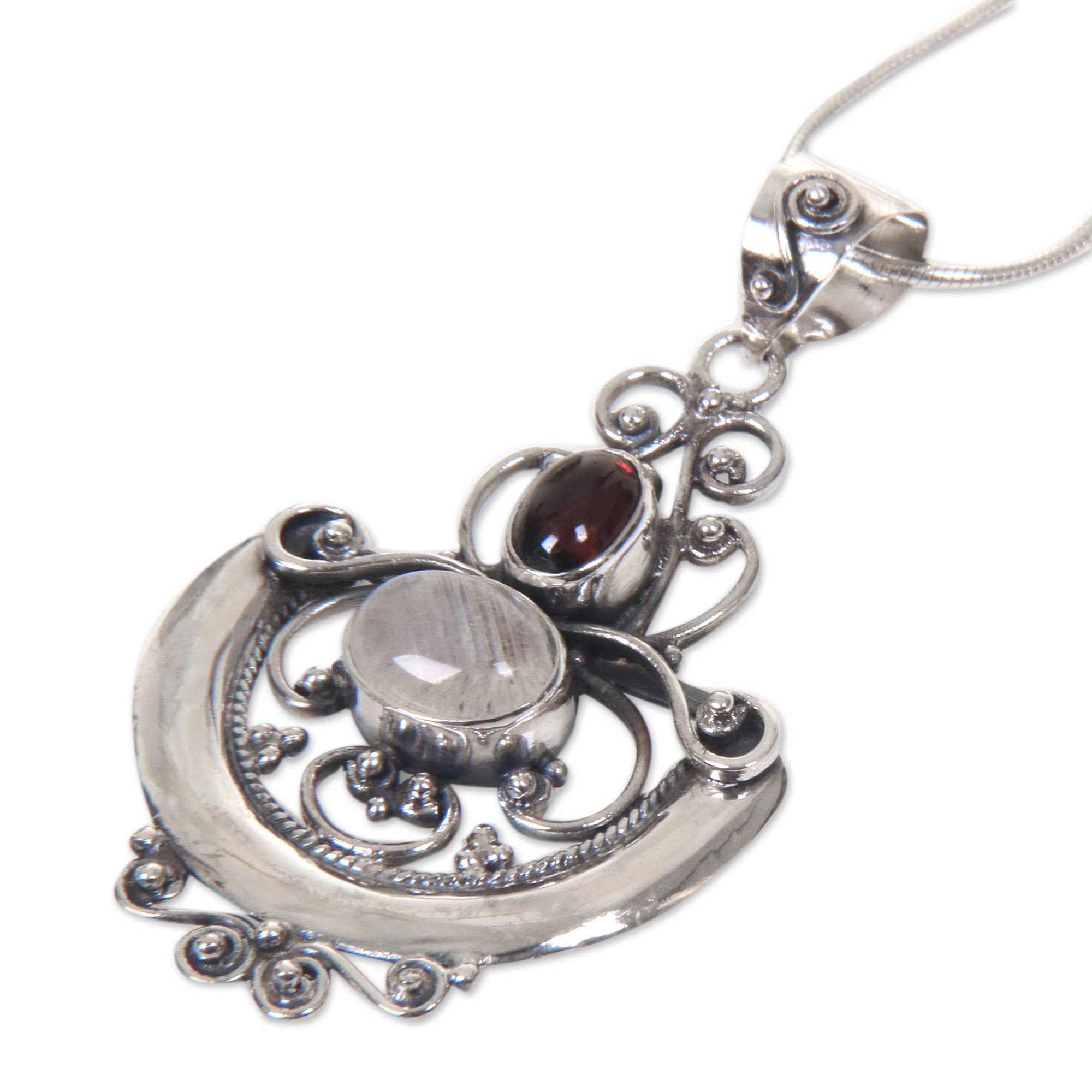 NOVICA .925 Sterling Silver Rainbow Moonstone and Garnet Pendant Necklace, 17