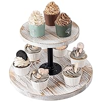 MyGift 2 Tier Lazy Susan Dessert Display Stand - Shabby White Washed Solid Wood and Industrial Matte Black Metal Pipe 360 Degree Rotating Cupcake Riser Tray