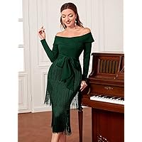 Dresses for Women - Off Shoulder Fringe Trim Dress (Color : Dark Green, Size : Medium)