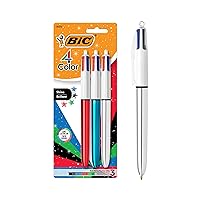 BIC 4 Color Shine Ball Pens Medium Points (1.0 mm) with Metallic Red, Blue and Silver Barrels - Pack of 3