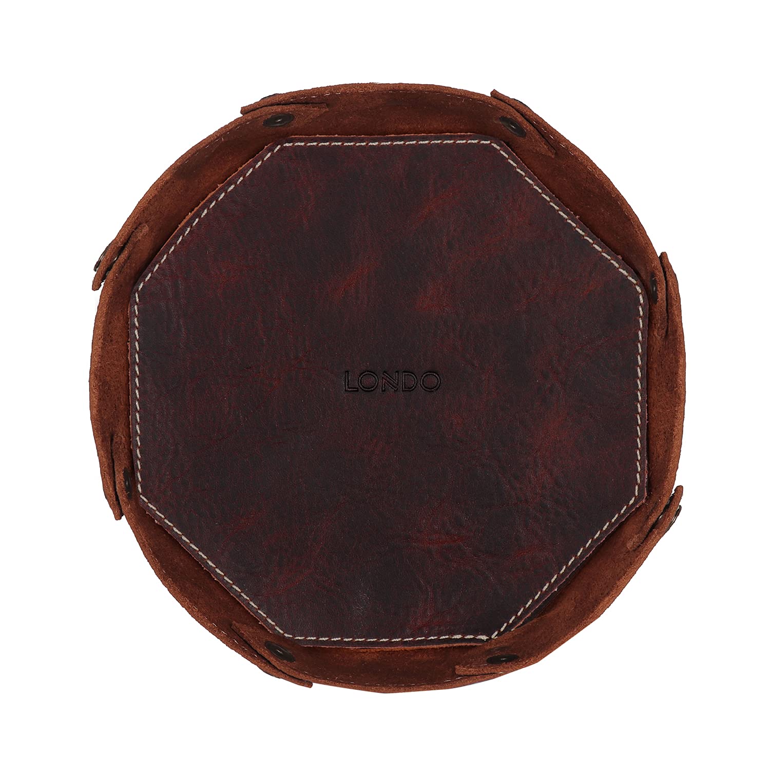 LONDO Genuine Leather Round Tray Organizer - Practical Storage Box for Wallets, Watches, Keys, Coins, Cell Phones and Office Equipment (Brown)