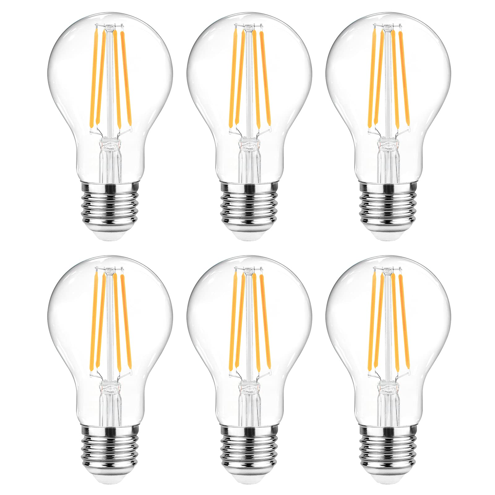 Ascher 60 Watt Equivalent, E26 LED Filament Light Bulbs, Warm White 2700K, Non-Dimmable, Classic Clear Glass, A19 LED Light Bulb with 80+ CRI, 6-Pack