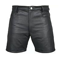 Vogue Wears Mens,Cow Leather Shorts Black Casual 5 Pockets Short Zipper Fly Real Leather Shorts
