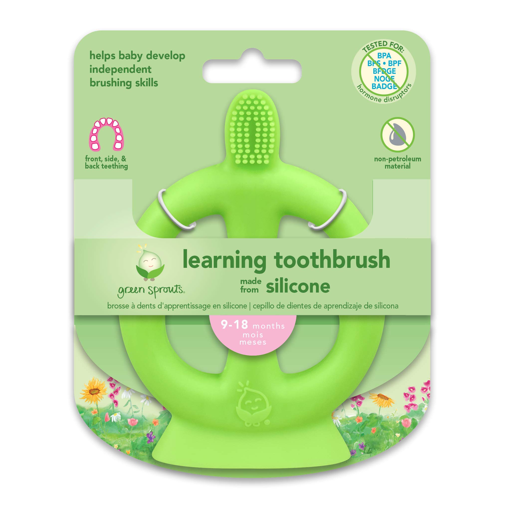 green sprouts Learning Toothbrush Made from Silicone | Toddler Training Toothbrush to Learn Brushing Skills |100% Food-Grade LFGB Silicone Without BPA, BPS, BPF | Sterilizer Safe, Green