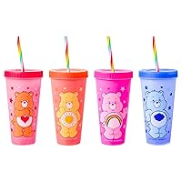Silver Buffalo Care Bears Hearts and Stars 4 Pack Plastic Color Changing Tumblers with Rainbow Swirl Straws Featuring Tenderheart, Funshine, Cheer, and Grumpy Bear 24 Ounces