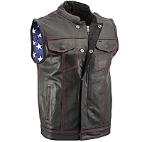 Xelement XS6665 Men's 'Old Glory' Black Leather Motorcycle Vest w/Red Stitching and USA Inside Flag Lining - 7X-Large