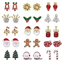 Christmas Earrings for Women,15 Pairs Hypoallergenic Santa Claus Candy Cane Snowman Christmas Tree Stud Holiday Earring Set Gift for Teen Girls Jewelry