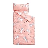 Unicorn Nap Mat, with Removable Pillow for Kids Toddler Boys Girls Daycare Preschool Kindergarten Sleeping Bag, White Unicorns Printed on Pink, 100% Microfiber
