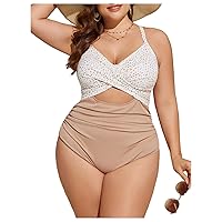 MakeMeChic Women's Plus Size One Piece Swimsuit Polka Dots Cut Out Wrap Ruched Bathing Suit