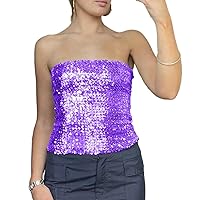 Women Sparkly Sequin Tube Tops Strapless Metallic Crop Top Wrapped Chest Stretchy Tank Tops for Halloween Party Clubwear
