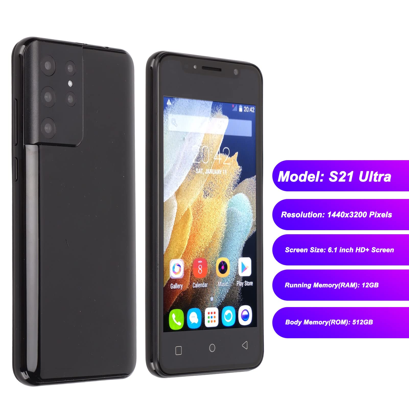 Luqeeg S21 Ultra Smartphone, 6.1In 12GB RAM 512GB ROM Black Smartphone, 24MP and 48MP Dual Camera Mobile Phone, Support Face Recognition, WiFi, BT, GPS, USSB Charging Port for 11