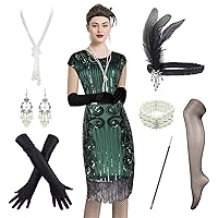 1920s Vintage Inspired Sequin Embellished Fringe Long Gatsby Tassels Hem Flapper Dress 20s Accessories Set