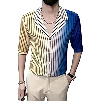 Men's 3/4 Sleeve Gradient Stripe Printed Shirt V-Neck Mid Sleeve Trendy Shirt Casual Slim Fit Printed Shirt