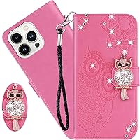 CCSmall Fit for Apple iPhone 14 Pro Wallet Case with Card Holder, DIY Owl Diamond PU Leather Flip Phone Cover Case for iPhone 14 Pro Owl Pink