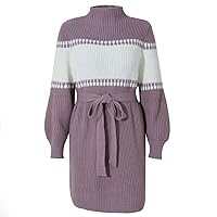 Womens Turtleneck Long Sleeve Color Block Casual Loose Oversized Sweater Winter Ribbed Knit Pullover Dresses Tops