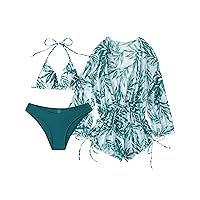 SHENHE Women's 3 Piece Swimsuit Leaf Print Halter Drawstring Side Bikini Set with Cover Up