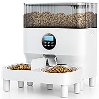 Elevated Automatic Cat Feeder for Two Cats, 5L Dry Food Dispenser with Splitter and Two Stainless Bowls, 4 Meal Per Day and Portion Control, 10s Voice Recorder, Dual Power Supply