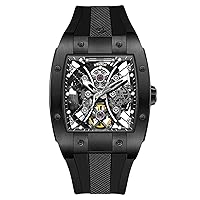Luxury Brand Sport Watch for Men Square Tonneau Skeleton Steel Carbon Fibre Automatic Mechanical Watch Rubber Strap Watches EM-S