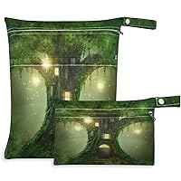 visesunny Vintage Tree House 2Pcs Wet Bag with Zippered Pockets Washable Reusable Roomy Diaper Bag for Travel,Beach,Pool,Daycare,Stroller,Diapers,Dirty Gym Clothes,Wet Swimsuits,Toiletries