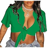 Womens Sexy Tie Front Crop Top Short Sleeve Graphic Tee Shirt Clubwear