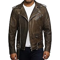 Mens Genuine Leather Biker Jacket Cowhide Brando Rustic (Rustic Brown, S)