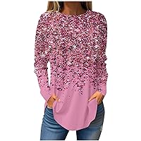 Long Sleeve Sparkly Tunic Tops for Women Casual Crewneck Spring Shimmer Glitter Tops Loose Fit Shiny Graphic Blouses
