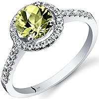 PEORA Peridot Ring for Women 14K White Gold with White Topaz, Genuine Gemstone Birthstone, 1 Carat Round Shape 6.5mm, Halo Design, Sizes 5 to 9