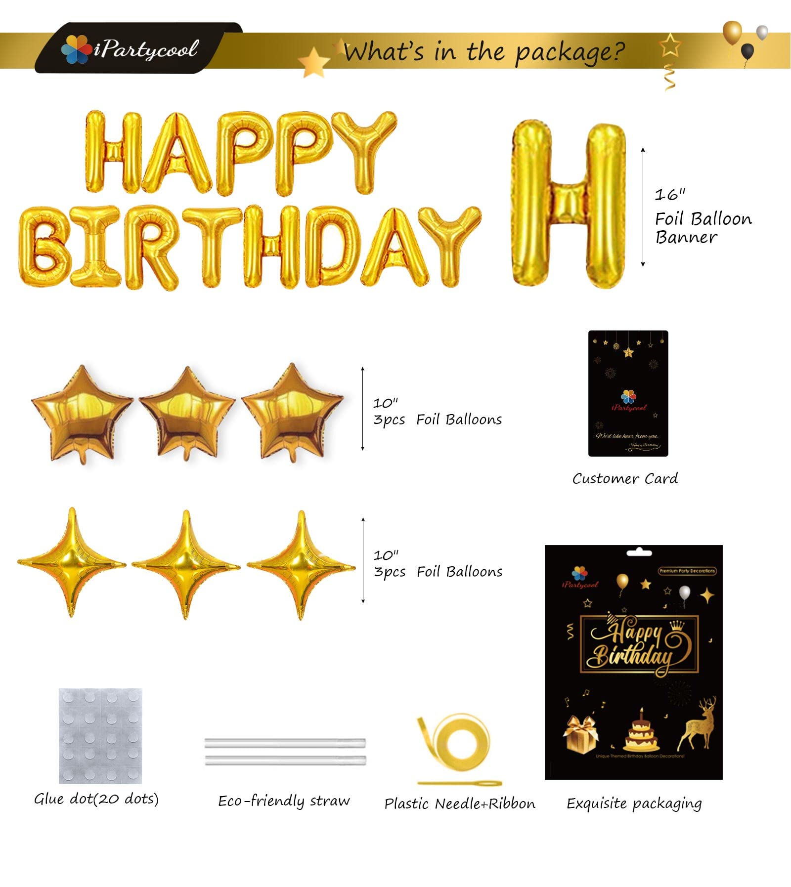 iPartycool 24pcs Birthday Balloons Banner, 3D Gold Premium Mylar Foil Ecofriendly Letter Happy Birthday Banner with 6pcs Star Balloons Kits for Kids Boys Men Adults Birthday Party Decorations HB0G…