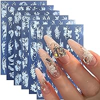6Pcs Flower Nail Art Stickers Decal White Flower Nail Decals for Acrylic Nails Art Women - White Floral Petal Leaves Lace Rose Butterflies Nail Design 3D Elegant Manicure Decoration Wedding