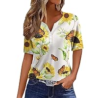 2024 Women's Floral V Neck Button Down Shirt, Casual Short Sleeve Tops for Woman, Fashion Trendy Tee Daily Blouse