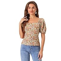 Allegra K Women's Puff Sleeve Square Neck Peasant Floral Blouse Top
