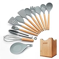 Silicone Sets for Kitchen Utensils 12-PCS Wooden Cooking Tool Spatula Tongs Cooking Utensils Set Heat Resistant Kitchen Tool Kit (Color : Khaki)