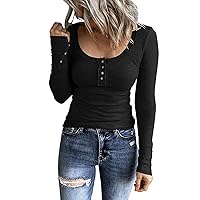 Long Sleeve Shirts for Women Button Henley Round Neck T-Shirt Solid Slim Fit Ribbed Tunic Fashion Tops Blouses