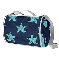 Beach Blanket Sand Free& Outdoor Waterproof Picnic Blanket, Small Foldable Picnic Mat for Camping Travel, Washable, Easy Carry & Clean Tote Bag Sea Starfish Pattern Blue Background