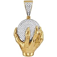 10K Yellow Gold Mens Diamond Hand World Necklace Pendant 3/4 Ctw.