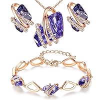 Leafael Wish Stone Necklace, Stud Earrings, and Bracelet Jewelry Set for Women, February Birthstone Tanzanite Purple Crystal Jewelry, Silver Tone Gifts for Women