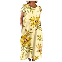 Cotton Maxi Dress Summer Trendy Tropical Floral Print with Pockets Short Sleeve T Shirt Dress Casual Dresses Sundress