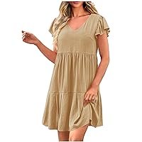 Womens Ruffle Dress Summer Solid Color Cotton Dress Casual Short Sleeve V-Neck Dress Ladies Pleated Wrap Midi Dress