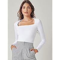 Women's Tops Women's Shirts Sexy Tops for Women Square Neck Crop Tee (Color : White, Size : Medium)