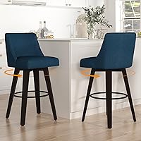 Counter Height Swivel Bar Stools with Back, 30 Inch Thickened Upholstered Stools Set of 2, Modern Leather Swivel Stool with Wood Legs for Bar, Kitchen Island, Dining Room, Linen Fabric Blue