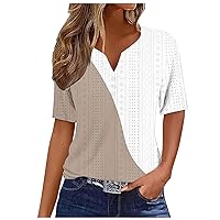 Summer Tops for Women Vacation Trendy V Neck Boho Short Sleeve Shirts Contrast Color Casual Eyelet Comfy Tunic Blouses