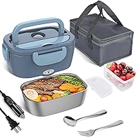 Electric Lunch Box Food Heater, Electric Heating Lunch Boxes Lunch for Adults/Men/Truck/Car/Work, 60-80W 1.5L Removable 304 Stainless Steel Container, 110V/12V/24V, with Fork & Spoon